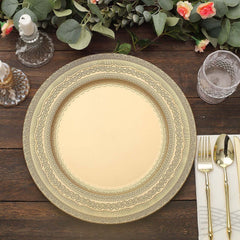 6-Pack Acrylic Round Charger Plates 13" in Gold with Lace Embossed Rim, Rustic Plastic Decorative Charger Tableware