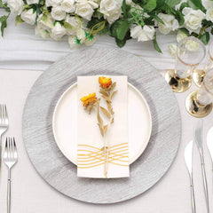 6-Pack Plastic Round Charger Plates 13" in Gray with Faux Wood Finish, Rustic Boho Chic Dinner Party Charger Tableware