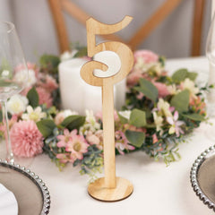 Set of 20 Wooden Wedding Table Numbers Natural 1-20 with Round Holder Base - Rustic Table Signs for Receptions 11" Tall