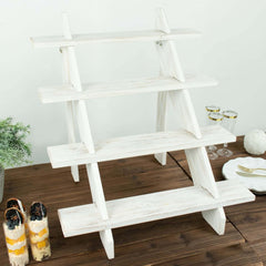 4-Tier Wooden Ladder Shelf Whitewashed Rustic Design - Cascading Stair Step Dessert Display Cupcake Holder 21"