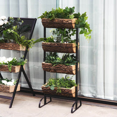 42" 4-Tier Metal Ladder Plant Stand With Natural Wooden Log Planters