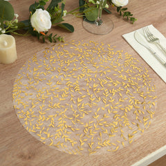 10-Pack Table Placemats Gold Foil Leaf Vine Design White Round - Organza Disposable Floral Mats 13"