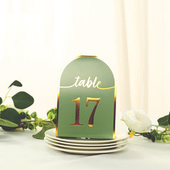 25-Pack Paper Wedding Table Numbers 1-25 Sage Green Arch Cutout Design - Sleek & Modern Free Standing Double Sided Table Tent Cards with Metallic Gold Foil Numbers 7"