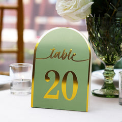 25-Pack Paper Wedding Table Numbers 1-25 Sage Green Arch Cutout Design - Sleek & Modern Free Standing Double Sided Table Tent Cards with Metallic Gold Foil Numbers 7"