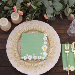 50-Pack Paper Beverage Napkins with Daisy Flower Design Sage Green - 2 Ply Soft 18GSM Floral Wedding Napkins 6.5"x6.5"
