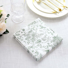 20-Pack Paper Cocktail Napkins with French Toile Print White/Sage Green - Disposable 2 Ply Beverage Napkins for Events 5"x5"