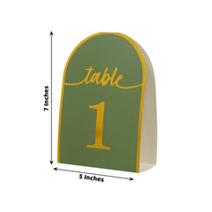 25-Pack Paper Wedding Table Numbers 1-25 Sage Green Arch Cutout Design - Sleek & Modern Free Standing Double Sided Table Tent Cards with Metallic Gold Foil Numbers 7"