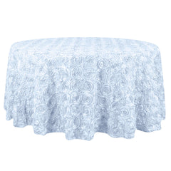 Satin 132" Round Tablecloth White - Grandiose 3D Rosette Design with Seamless Finish for Chic Occasions