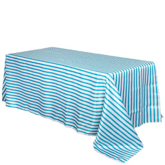 Satin 90"x156" Rectangle Tablecloth White/Turquoise - Stripe Design with Seamless Finish Table Cover