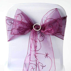 5 Pack Organza Chair Sashes with Satin Leaf Embroidery Eggplant - Reusable Sheer Design 7"x108"