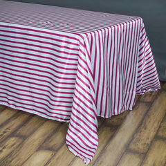 Satin 90"x156" Rectangle Tablecloth White/Fuchsia - Stripe Design with Seamless Finish Table Cover