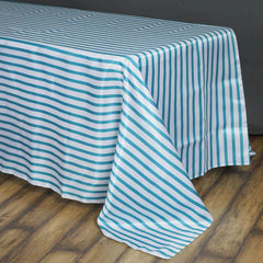 Satin 90"x156" Rectangle Tablecloth White/Turquoise - Stripe Design with Seamless Finish Table Cover