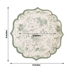 25-Pack Paper 8" Round Dessert Plates in White with Sage Green French Toile Design & Scalloped Rim - Disposable 300GSM Salad Appetizer Plates for Stylish Table Decor