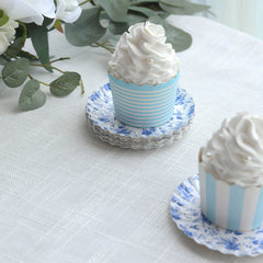 100-Pack Paper 3.5" Round Plates in White with Blue French Toile Design & Scalloped Rim - Disposable Mini 250GSM Dessert Party Plates for Tapas, Appetizers & Finger Foods