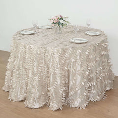 Taffeta 120" Round Tablecloth Beige 3D | 3D Leaf Petal Design Seamless Table Cover for Chic Wedding & Event Decor