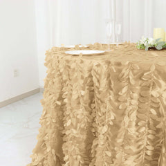 Taffeta 132" Round Tablecloth Champagne Leaf | 3D Leaf Petal Design Seamless Table Cover