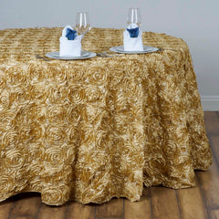 Satin 132" Round Tablecloth Champagne - Seamless Grandiose 3D Rosette Table Cover