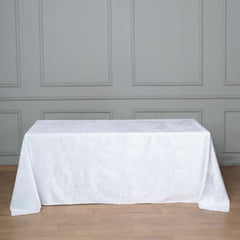 90"x132" White Seamless Premium Velvet Rectangle Tablecloth, Reusable Linen for 6 Foot Table With Floor-Length Drop