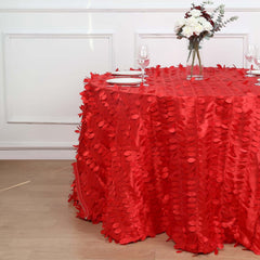 120" Red 3D Leaf Petal Taffeta Fabric Seamless Round Tablecloth for 5 Foot Table With Floor-Length Drop