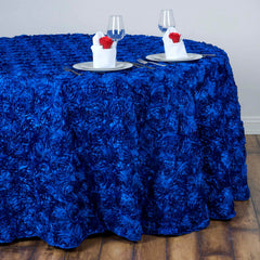 Satin 132" Round Tablecloth Royal Blue - Seamless Grandiose 3D Rosette Table Cover