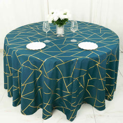 120" Peacock Teal Seamless Round Polyester Tablecloth With Gold Foil Geometric Pattern for 5 Foot Table With Floor-Length Drop