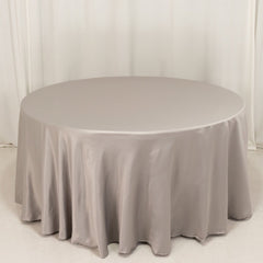 Lamour Satin 120" Round Tablecloth Silver - Seamless Table Cover with Soft Tempered Sheen