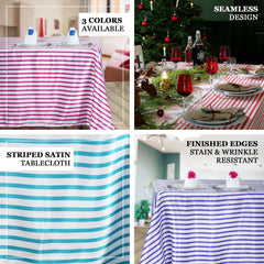 Satin 60"x102" Rectangle Tablecloth White/Fuchsia - Stripe Design with Silky Smooth Finish Table Cover