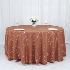 Polyester 120" Round Tablecloth Terracotta (Rust) with Gold Foil Geometric Pattern Wrinkle-Resistant Seamless Table Cover
