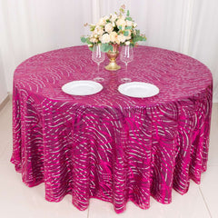 Sequin Mesh 120" Round Tablecloth Fuchsia/Silver - Seamless Wave Embroidered Table Cover