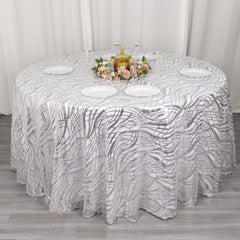 Sequin Mesh 120" Round Tablecloth Silver - Seamless Wave Embroidered Table Cover