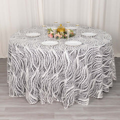Sequin Mesh 120" Round Tablecloth White Black - Seamless Wave Embroidered Table Cover