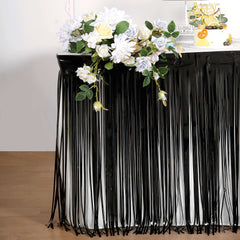 Metallic Foil Fringe Table Skirt Black with Self Adhesive Backing - Durable Tinsel Skirt for Parties 30"x9ft