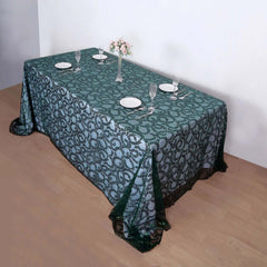 Tulle 90"x156" Rectangle Tablecloth Hunter Emerald Green - Sequin Leaf Embroidered Table Cover