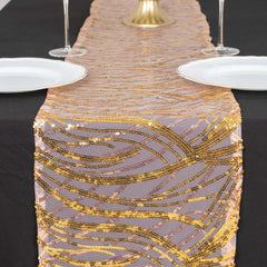 Sequin Mesh 12"x108" Table Runner Rose Gold Stylish Wave Embroidery