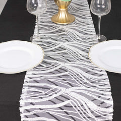 Sequin Mesh 12"x108" Table Runner White Black Stylish Wave Embroidery