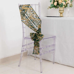 5 Pack Chair Sashes with Wave Embroidered Sequins Hunter Emerald Green/Gold 6"x88"
