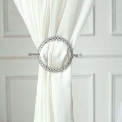 Set of 2 6" Silver Acrylic Braided Barrette Style Curtain Tie Backs With Crystal Diamond Studded Edge, Round Backdrop Drapery Brooch Holdbacks