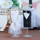Set of 2 Clear Champagne Flutes with Black Bride and Groom Koozies - Wedding Toast Glasses 9"