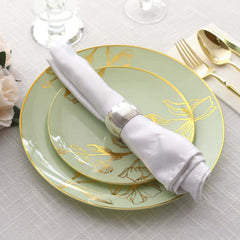 Set of 20 Plastic Round Dinner and Dessert Plates in Sage Green with Metallic Gold Floral Design - Stylish Disposable Dinnerware 8", 10"