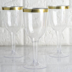 12-Pack Plastic Wine Goblet Glasses Clear/Gold Rim Hollow Stem - Stylish Disposable Cups with Detachable Base for Events 9oz