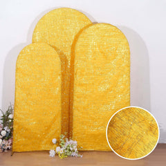 Set of 3 Gold Metallic Fringe Chiara Wedding Arch Covers, Fitted Covers For Round Top Backdrop Stands - 5ft, 6ft, 7ft