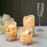 Set of 3 LED Flameless Pillar Candles Burnt Birch Bark Design Warm White - Battery Operated with Remote