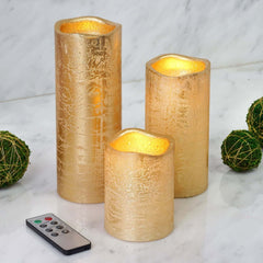 Set of 3 LED Flameless Pillar Candles Remote Operated Metallic Gold - Battery Powered 4", 6", 8"