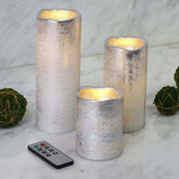Set of 3 LED Flameless Pillar Candles Remote Operated Metallic Silver - Battery Powered 4", 6", 8"