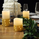 Set of 3 LED Flameless Pillar Candles Wrapped with Fairy String Lights Gold - Remote Operated 4", 5", 6"