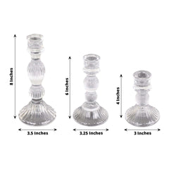 Set of 3 Glass Taper Candle Holders Fluted Design Clear - Ribbed Crystal Candlestick Stands 4", 6", 8"