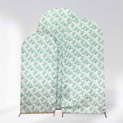 Set of 3 White Green Satin Chiara Wedding Arch Covers With Eucalyptus Leaves Print, Fitted Covers For Round Top Backdrop Stands - 5ft,6ft,7ft