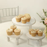 Set of 3 Wooden Pedestal Cake Stands Whitewash with Removable Legs - Stackable Round Rustic Plant Risers 7", 9.5", 12"