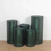 Set of 5 Hunter Emerald Green Sequin Mesh Cylinder Pedestal Stand Covers with Geometric Pattern Embroidery, Sparkly Sheer Tulle Pillar Prop Covers