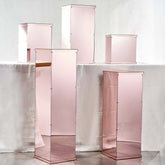 Set of 5 Rose Gold Mirror Finish Acrylic Display Boxes, Pedestal Risers with Interchangeable Lid and Base - 12",16",24",32",40"